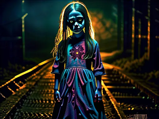 Prompt: full body shot, Little chaotic evil insane living dead girl with rotting pale flesh in a beautiful out of place dress, eerie atmospheric lighting, psychedelic  color tones, horror, detailed facial features, highres, ultra-detailed, Lovecraftian, eerie, sinister, haunting lighting, divine madness, holy killer, little Goddess of death. longing, madness, nothing love, holy death girl, smiling from ear to ear, glowing white eyes with ethereal trails, extreme emotion, If you are reading this I love you so much.<mymodel>