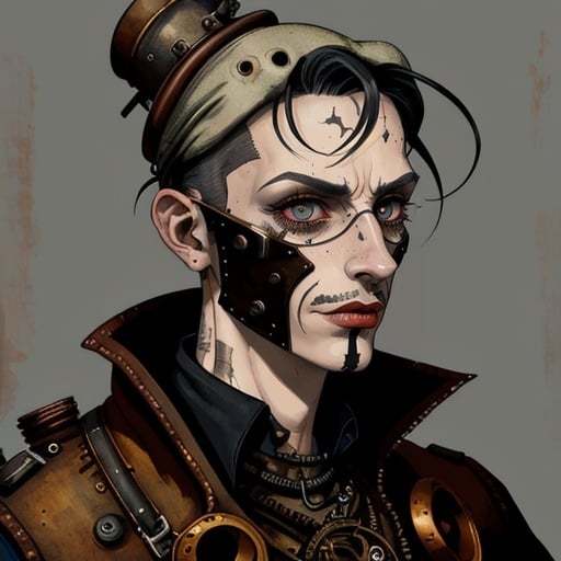 Prompt: Character portrait in steampunk artstyle, man with a weird face and nose, black nose ring, Enki Bilal, neo-primitivism, punk, detailed facial features, rusty metallic tones, industrial setting, retro-futuristic elements, steampunk aesthetic, eccentric character, highres, detailed, steampunk, rusty tones, industrial, retro-futuristic, detailed facial features, eccentric, character portrait