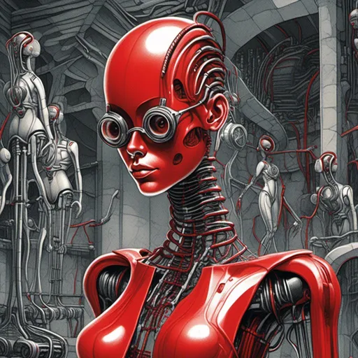 Prompt: <mymodel>Futuristic biomechanical illustration of a robotic figure, red glasses, intricate machinery in background, Android Jones, Giger style, punkborg, biopunk art, highres, ultra-detailed, futuristic, biomechanical, red glasses, intricate machinery, cyberpunk, Android Jones, Giger style, punkborg, biopunk, professional, atmospheric lighting