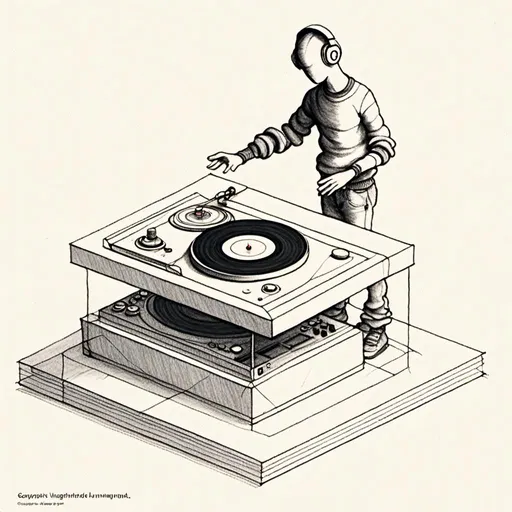 Prompt: <mymodel><mymodel> here's an isometric view of a hand DJ: In this isometric view, the DJ is standing with both hands on the turntable, manipulating the record. The record is spinning quickly, creating a dynamic effect. The turntable is positioned in the center of the isometric space, with the DJ's hands hovering above it. The DJ's arms are positioned slightly out to the sides, creating a dynamic and energetic composition. The whole scene is presented from an isometric viewpoint, with a dynamic perspective and a cinematic quality.