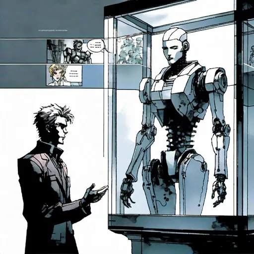 Prompt: <mymodel><mymodel>a robot standing next to a machine in a glass case with a man inside of it, Artgerm, panfuturism, ex machina, concept art robot stortelling of  panels of comic for manga, with speech bubbles. white and empty Speech bubbles, double page, surreal atmosphere, symbolic representation, high contrast, deep shadows, monochromatic, digital rendering, high quality, minimalist, conceptual art, graffiti style, abstract, surreal, symbolic, atmospheric lighting, comic édition. full strory comic love robot, white and empty Speech bubbles, stortelling  a robot standing next to a machine in a glass case with a man inside of it, Artgerm, panfuturism, ex machina, concept art