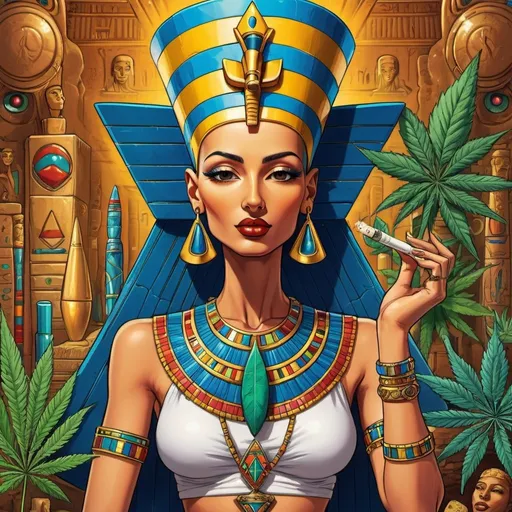 Prompt: prompt de base : Cartoon illustration "Nefertiti and pharaon whit Ra
" with basmoking big joint with friends and big cannabis, vibrant and colorful, whimsical fantasy setting, intricate details, high quality, misc-manga, fantasy, vibrant colors, intricate design, magical atmosphere.
