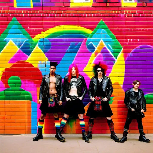 Prompt: group of young punks, clad in ripped leather jackets, tartan kilts, and Doc Martens boots, stand with a rebellious air in front of a vibrantly painted brick wall. The wall explodes with a riot of rainbow colors, adorned with graffiti that declares messages of defiance and social change. Imagine the scene rendered in the detailed precision of Boris Vallejo, yet infused with the meticulous pointillism style. Click to open the ultrafine detailed artwork, where every dot meticulously contributes to a vibrant explosion of color. The RGB spectrum is pushed to its limits, creating a scene that pulsates with electrifying energy. Each individual punk's expression is captured with precise detail, their gazes focused and intense, reflecting the rebellious spirit of both London and Amsterdam's punk scene. The lighting is professional, highlighting the unique details of their clothing and the weathered texture of the brick wall.

Style:

Boris Vallejo (precision, detail)
Pointillism (ultra-detailed dots)
RGB colors (vibrant, saturated)
High-resolution
Precisionist style (emphasis on geometric shapes)
Professional light.<mymodel>