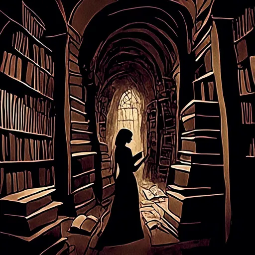 Prompt: <mymodel>Surreal, ancient library with towering stacks of books, labyrinthine aisles, cavernous silence, hushed whispers, detailed graffiti-style artwork, dancing shadows, dreamlike atmosphere, bygone era, atmospheric lighting, dark tones, mysterious, ethereal, intricate details, professional, artistic