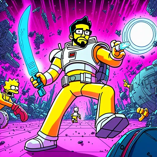 Prompt: <mymodel>Anime by Matt Groening, illustration of Homer Simpson kill the cat by Matt Groening; futuristic sci-fi setting, detailed characters, colorful and vibrant, highres, anime by Matt Groening, sci-fi, futuristic, detailed characters, vibrant colors, professional  Matt Groening, dynamic lighting