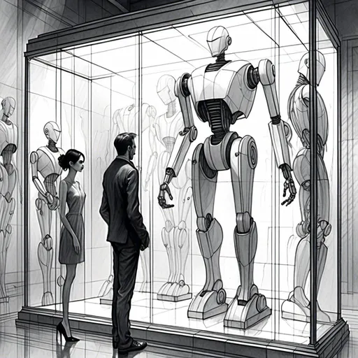 Prompt: <mymodel>a drawing of a robot standing next to a machine in a glass case with a man inside of it, Artgerm, panfuturism, ex machina, concept art