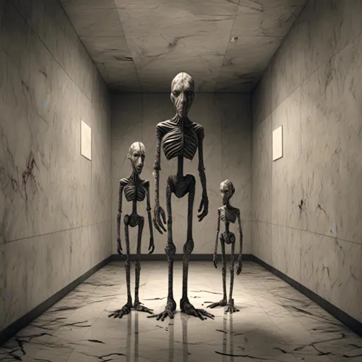 Prompt: <mymodel>a creepy looking creature with a large head and two smaller heads on his body in a hallway with a wall, shock art, hyper real, a 3D render
