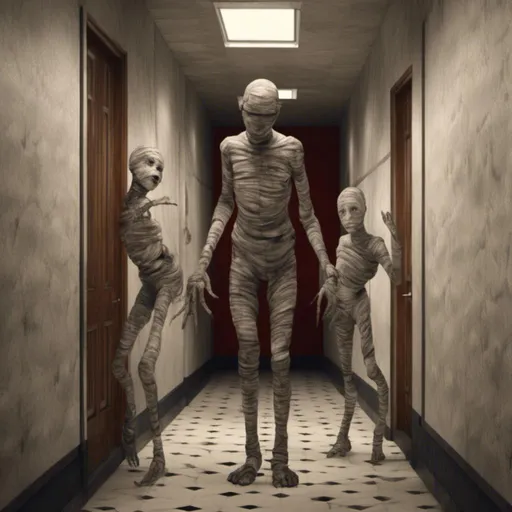 Prompt: <mymodel>a creepy looking creature with a large head and two smaller heads on his body in a hallway with a wall, shock art, hyper real, a 3D render