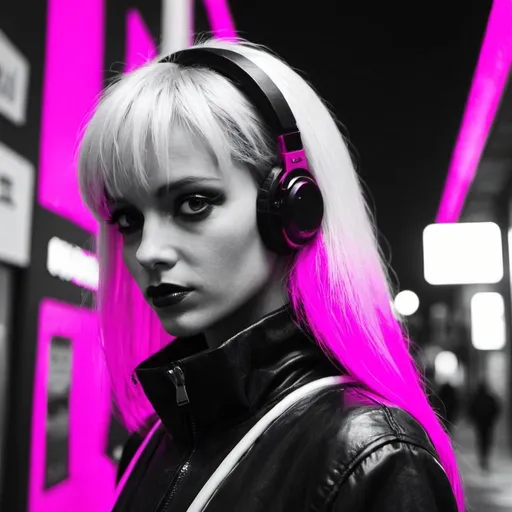 Prompt: France Info: https://www.francetvinfo.fr/ in cyber punk world  very far away black and white with magenta filter