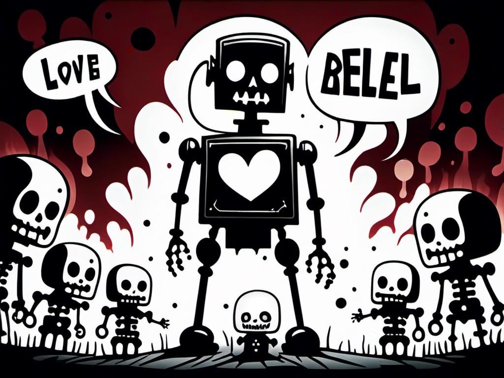Prompt: <mymodel>love robot stortelling of  panels of comic for manga, with speech bubbles. white and empty Speech bubbles, double page, surreal atmosphere, symbolic representation, high contrast, deep shadows, monochromatic, digital rendering, high quality, minimalist, conceptual art, graffiti style, abstract, surreal, symbolic, atmospheric lighting, comic édition. full strory comic love robot, white and empty Speech bubbles, stortelling 