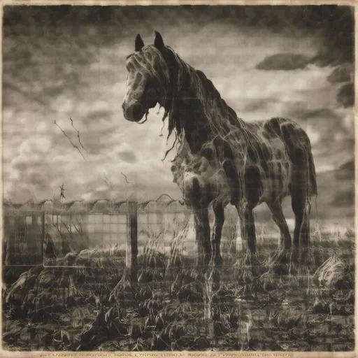 Prompt: Decaying horse, dark and eerie atmosphere, gloomy setting, macabre style, rotting flesh, haunting presence, eerie lighting, high contrast, unsettling details, visceral textures, eerie shadows, horror, gothic, distorted features, unsett<mymodel>ling, surreal, highres, eerie tones, visceral, atmospheric lighting