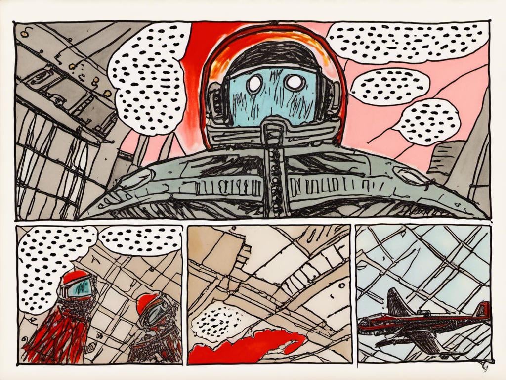 Prompt: <mymodel>abstract<mymodel>steampunk comic featuring red baron shoot a plane detailed inked panels, special edition storytelling, high-quality, professional, sci-fi, futuristic, intense action, vivid colors, dynamic composition, atmospheric lighting, detailed, panels, professional inking
