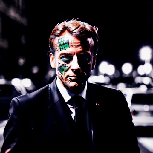 Prompt: frensch president macron full stang up,  punk outfit and head with street tatoo ; neoism, photo real, a stock photo