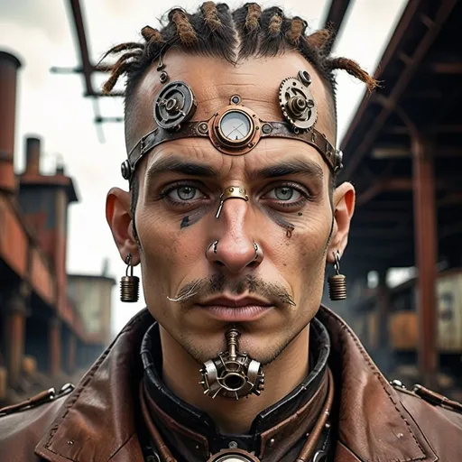 Prompt: Character portrait in steampunk artstyle, man with a weird face and nose, black nose ring, Enki Bilal, neo-primitivism, punk, detailed facial features, rusty metallic tones, industrial setting, retro-futuristic elements, steampunk aesthetic, eccentric character, highres, detailed, steampunk, rusty tones, industrial, retro-futuristic, detailed facial features, eccentric, character portrait