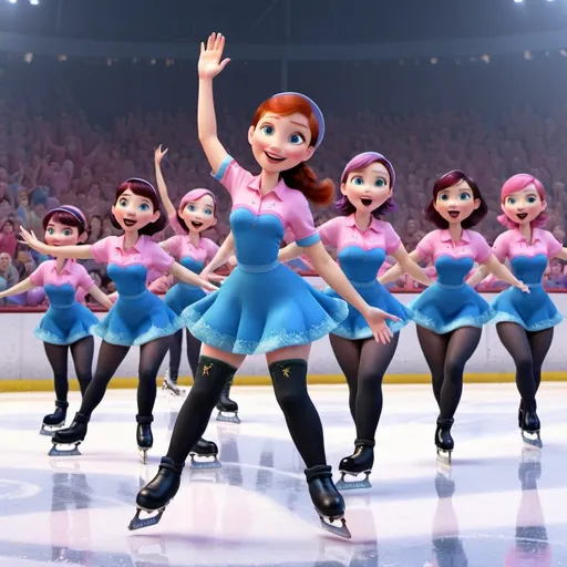 Prompt: a group of women in blue uniforms and pink dress skating on ice rinks in a line with their arms outstretched and legs spread out, Fabien Charuau, synchromism, promotional image, a renaissance painting