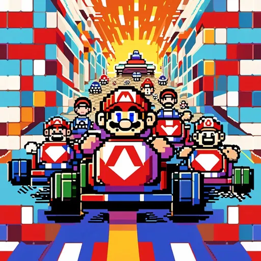 Prompt: Mario-style kart race illustration, vibrant and playful, 8-bit pixel art, colorful characters, dynamic racing action, iconic power-ups, cheerful and energetic atmosphere, high quality, classic, pixel art, vibrant colors, dynamic action, playful, kart race, iconic power-ups, cheerful atmosphere<mymodel>