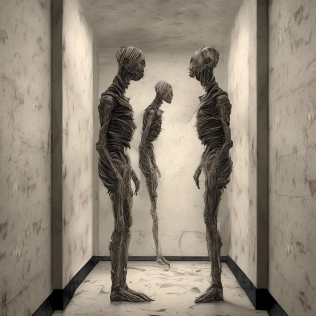 Prompt: <mymodel>a creepy looking creature with a large head and two smaller heads on his body in a hallway with a wall, shock art, hyper real, a 3D render