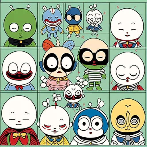 Prompt: <mymodel>6+boys, age difference, alien, android 18, asian, baby, bald, beard, black sclera, bodysuit, bowtie, buck teeth, buzz cut, cape, closed eyes, clown, colored skin, comparison, crossover, cyborg, daruma doll, doraemon \(character\), everyone, facial hair, fat, fat man, father and son, frisk \(undertale\), glowing, good end, green headwear, grin, hat, heart, hood, hooded cloak, hoodie, horror \(theme\), identity censor, japanese flag, kirby, mario, mohawk, monkey, multiple boys, multiple girls, multiple others, mustache, nose, old, old man, old woman, open mouth, parody, pig, pink skin, real life insert, realistic, red background, robe, saitama \(one-punch man\), salute, sans, skeleton, skull, smile, son goku, statue, ugly man, very short hair, web address, what, white skin, wrinkled skin, yellow skin<mymodel>