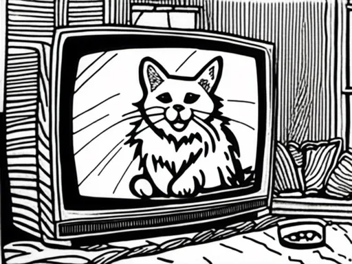 Prompt: <mymodel> a cat shows a cat on the living room television drawing of a contented cat enjoying, inked, detailed fur with subtle highlights, tranquil ambiance, high quality, charcoal drawing, realistic, detailed, contented cat, a cat shows a cat on the living room television, tranquil ambiance