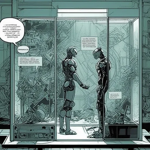 Prompt: <mymodel>a robot standing next to a machine in a glass case with a man inside of it, Artgerm, panfuturism, ex machina, concept art robot stortelling of  panels of comic for manga, with speech bubbles. white and empty Speech bubbles, double page, surreal atmosphere, symbolic representation, high contrast, deep shadows, monochromatic, digital rendering, high quality, minimalist, conceptual art, graffiti style, abstract, surreal, symbolic, atmospheric lighting, comic édition. full strory comic love robot, white and empty Speech bubbles, stortelling  a robot standing next to a machine in a glass case with a man inside of it, Artgerm, panfuturism, ex machina, concept art