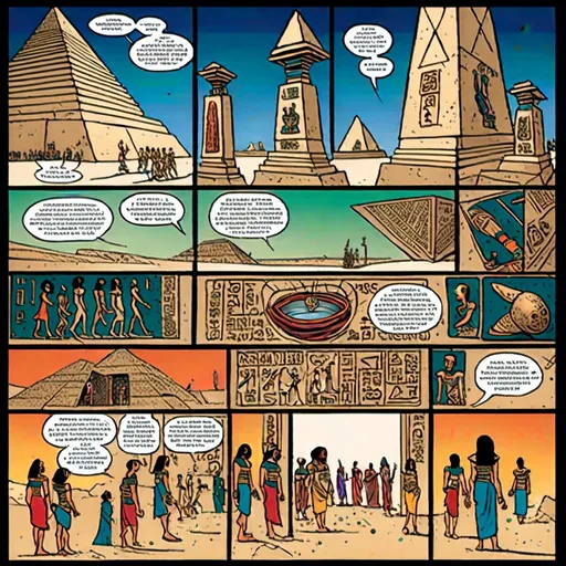 Prompt: <mymodel>"Full-page Egyptian hieroglyphic comic strip in Enki Bilal style, vibrant colors, detailed ancient symbols, intricate storytelling, high quality, vibrant colors, detailed storytelling, Enki Bilal style, ancient Egyptian, vibrant colors, detailed symbols, comic strip, intricate, high quality, cyder punk elements, science-fiction, futuristic, glass"