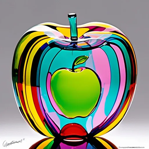 Prompt: <mymodel>Vibrant pop art illustration of a transparent glass apple sculpture, shiny and reflective surface, bold colors, high contrast, detailed glasswork, glossy finish, artistic interpretation, modern pop art, transparent glass, vibrant colors, high quality, detailed reflections, glossy finish, striking pop art style, bold and vibrant, contemporary art, shiny surface