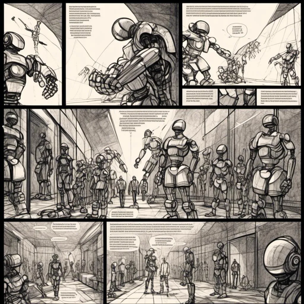 Prompt: <mymodel>Love robot storytelling in manga comic panels, surreal atmosphere, symbolic representation, high contrast, deep shadows, monochromatic, digital rendering, high quality, mini comic edition, full story comic, futuristic, dreamlike, detailed mechanical designs, emotional storytelling, manga style, double-page spread, professional, atmospheric lighting