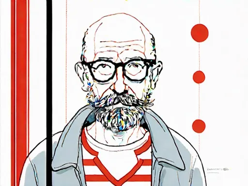 Prompt: <mymodel>illustration of a 55-year-old man full stand up with a hipster 2000 beard and mustache,no hair, bald head, White cotton t-shirt with horizontal red stripes very regular and 1cm large, round glasses, high quality, detailed design, minimalistic, professional lighting, cool tones, minimalist style, highres, detailed facial hair, mature, sophisticated, cool tones, minimalistic, focused lighting