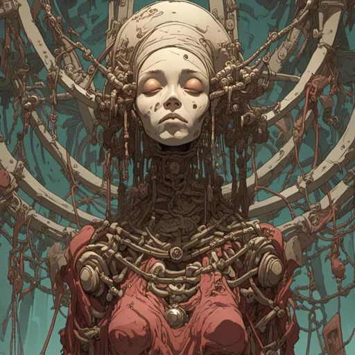 Prompt: <mymodel> teenage female cenobite with face covered in symmetrical metal blades and machines. insane laughter, dead, dead white eyes, Goddess of love and pain, divine madness, detailed facial expression, suspended in air by chains coming out of her body, ultra fine details, masterpiece