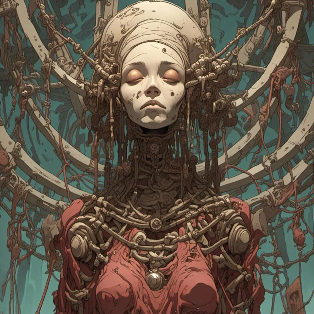 Prompt: <mymodel> teenage female cenobite with face covered in symmetrical metal blades and machines. insane laughter, dead, dead white eyes, Goddess of love and pain, divine madness, detailed facial expression, suspended in air by chains coming out of her body, ultra fine details, masterpiece