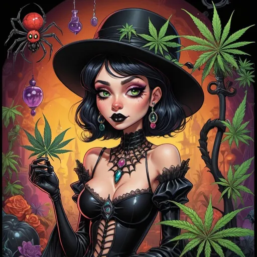 Prompt: prompt de base : Cartoon illustration " réel Adams Mercredi in black gothique wear with her spider   " with basmoking big joint with friends and big cannabis, vibrant and colorful, whimsical fantasy setting, intricate details, high quality, misc-manga, fantasy, vibrant colors, intricate design, magical atmosphere.
