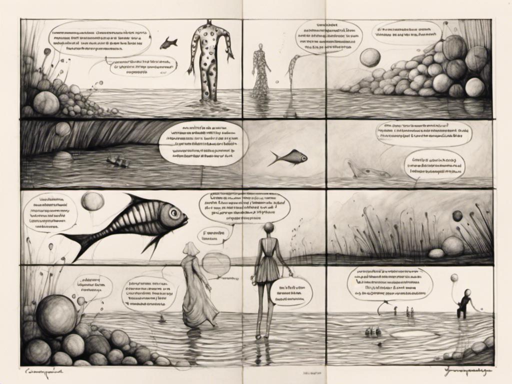 Prompt: <mymodel><mymodel>stroyboard, storytelling, script comic book, Creez un dessin a la main surrealiste en noir et blanc d'un poisson squelettique en train de nager dans un paysage onirique. Le poisson doit avoir des bulles de dialogue contenant des mots et des lettres etranges. Le fond doit etre abstrait et enigmatique. Couleurs : Noir et blanc. Style : Onirisme et abstrait. Dessin : A la main. Bulles de dialogue : Contenant des mots et des lettres etranges.