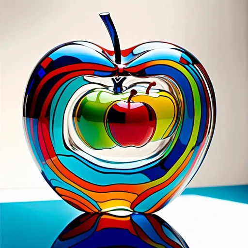 Prompt: <mymodel>Vibrant pop art illustration of a transparent glass apple sculpture, shiny and reflective surface, bold colors, high contrast, detailed glasswork, glossy finish, artistic interpretation, modern pop art, transparent glass, vibrant colors, high quality, detailed reflections, glossy finish, striking pop art style, bold and vibrant, contemporary art, shiny surface