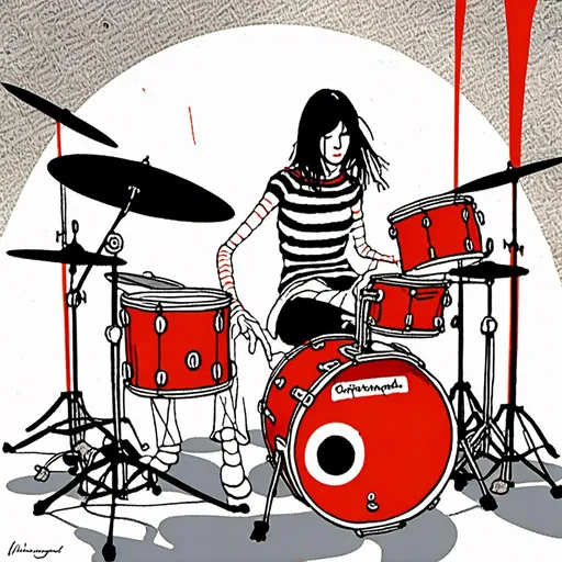 Prompt: <mymodel><mymodel>High energy digital art of The White Stripes performing Seven Nation Army, drums and Guitard, drums  vibrant colors, dynamic lighting, dramatic shadows, detailed guitar strings, intense drumming, artistic rendering, highres, ultra-detailed, music, rock, dynamic, vibrant colors, intense lighting, dramatic shadows, detailed instruments, drums and Guitard, drums  