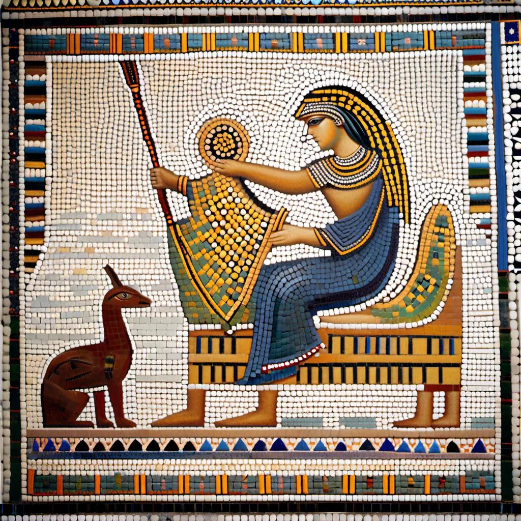 Prompt: mosaique; La mythologie babylonienne est une mythologie qui a ete inventee et developed en Babylone, un empire antique qui existait en Irak. mosaique; Elle contient des mythes, des histoires et des personnages importants qui ont joue un role important dans la culture babylonienne. mosaique; Les personnages les plus importants dans la mythologie babylonienne sont les dieux et les personnages heroiques. 
 mosaique; Les dieux et les personnages heroiques de la mythologie babylonienne sont souvent representes dans les sculptures et les dessins des periods antique et moyen. mosaique<mymodel>mosaique mosaique.<mymodel>