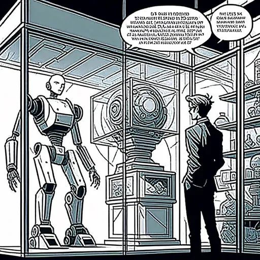 Prompt: <mymodel>a robot standing next to a machine in a glass case with a man inside of it, Artgerm, panfuturism, ex machina, concept art robot stortelling of  panels of comic for manga, with speech bubbles. white and empty Speech bubbles, double page, surreal atmosphere, symbolic representation, high contrast, deep shadows, monochromatic, digital rendering, high quality, minimalist, conceptual art, graffiti style, abstract, surreal, symbolic, atmospheric lighting, comic édition. full strory comic love robot, white and empty Speech bubbles, stortelling  a robot standing next to a machine in a glass case with a man inside of it, Artgerm, panfuturism, ex machina, concept art