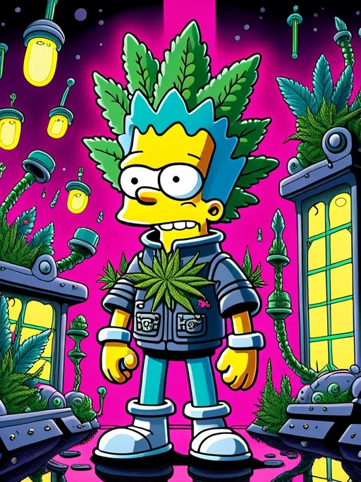 Prompt: Anime by Matt Groening, illustration of Bart Simpson with cannabis outfit  by Matt Groening; futuristic sci-fi setting, detailed characters, colorful and vibrant, highres, anime by Matt Groening, sci-fi, futuristic, detailed characters, vibrant colors, professional  Matt Groening, dynamic lighting<mymodel>