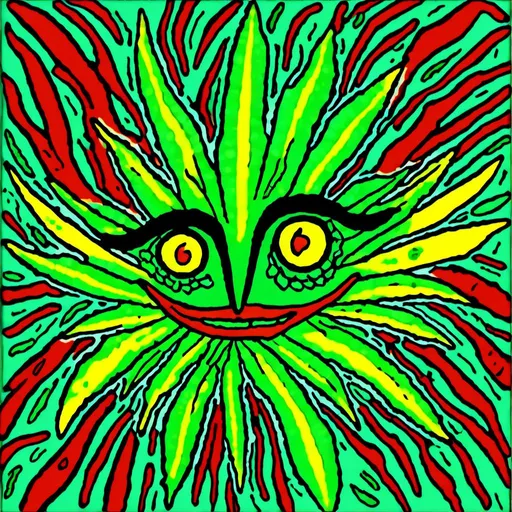 Prompt: <mymodel><mymodel>Psychedelic digital rendering of a vibrant green cannabis leaf, shadow of the leaf plant at the bottom, rasta-themed background in green, yellow, and red, detailed and intricate leaf veins, vibrant and lively colors, high contrast, trippy artistic style, surreal lighting effects, best quality, highres, ultra-detailed, psychedelic, vibrant colors, intricate details, surreal lighting, rasta-themed background, cannabis leaf