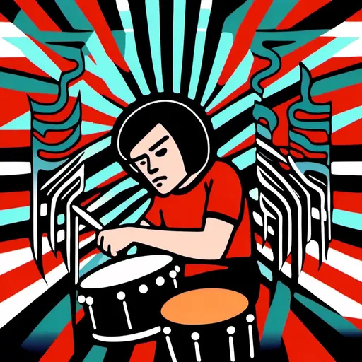 Prompt: <mymodel>High energy digital art of The White Stripes performing Seven Nation Army, drums and Guitard, drums  vibrant colors, dynamic lighting, dramatic shadows, detailed guitar strings, intense drumming, artistic rendering, highres, ultra-detailed, music, rock, dynamic, vibrant colors, intense lighting, dramatic shadows, detailed instruments, drums and Guitard, drums  