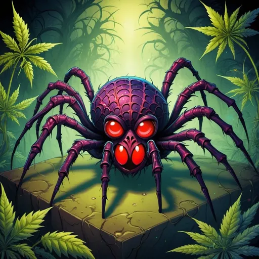 Prompt: prompt de base : Cartoon illustration " big gothique spider with 8 red eyes  " with basmoking big joint with friends and big cannabis, vibrant and colorful, whimsical fantasy setting, intricate details, high quality, misc-manga, fantasy, vibrant colors, intricate design, magical atmosphere.
