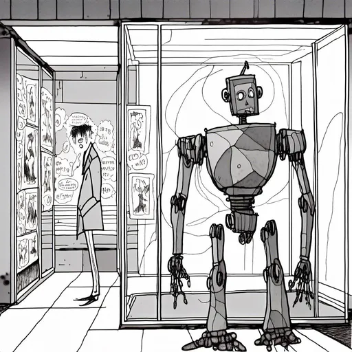 Prompt: <mymodel><mymodel>a robot standing next to a machine in a glass case with a man inside of it, Artgerm, panfuturism, ex machina, concept art robot stortelling of  panels of comic for manga, with speech bubbles. white and empty Speech bubbles, double page, surreal atmosphere, symbolic representation, high contrast, deep shadows, monochromatic, digital rendering, high quality, minimalist, conceptual art, graffiti style, abstract, surreal, symbolic, atmospheric lighting, comic édition. full strory comic love robot, white and empty Speech bubbles, stortelling  a robot standing next to a machine in a glass case with a man inside of it, Artgerm, panfuturism, ex machina, concept art