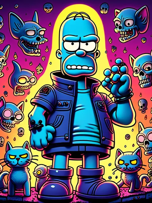 Prompt: Anime by Matt Groening, illustration of Homer Simpson kill the cat by Matt Groening; futuristic sci-fi setting, detailed characters, colorful and vibrant, highres, anime by Matt Groening, sci-fi, futuristic, detailed characters, vibrant colors, professional  Matt Groening, dynamic lighting<mymodel>