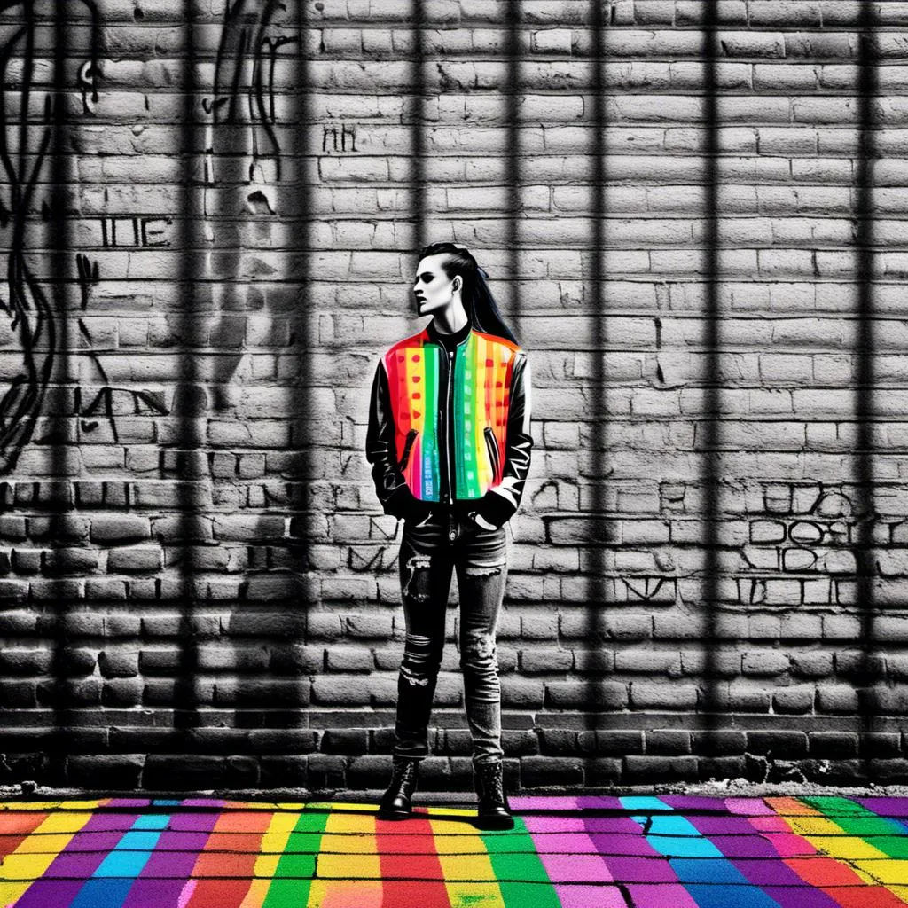 Prompt: 
Pointillism (ultra-detailed dots)
BLACK AND WHITE colors (MUTED)
SHADOWS High-resolution
Professional light
youngS punks, clad in ripped IMPRIMED leather jackets, IMPRIMED  tartan JEANS, and IMPRIMED  Doc Martens boots, stand with a rebellious air in front of a painted brick wall. The wall explodes with a riot of rainbow colors, adorned with graffiti that declares messages of defiance and social change. Imagine the scene rendered in the detailed, pointillism style. creating a scene that pulsates with electrifying energy. Each individual punk's expression is captured with precise detail, their gazes focused and intense, reflecting the rebellious spirit of both London and Amsterdam's punk scene 1975. The lighting is professional, highlighting the unique details of their clothing and the weathered texture of the brick wall.

<mymodel>