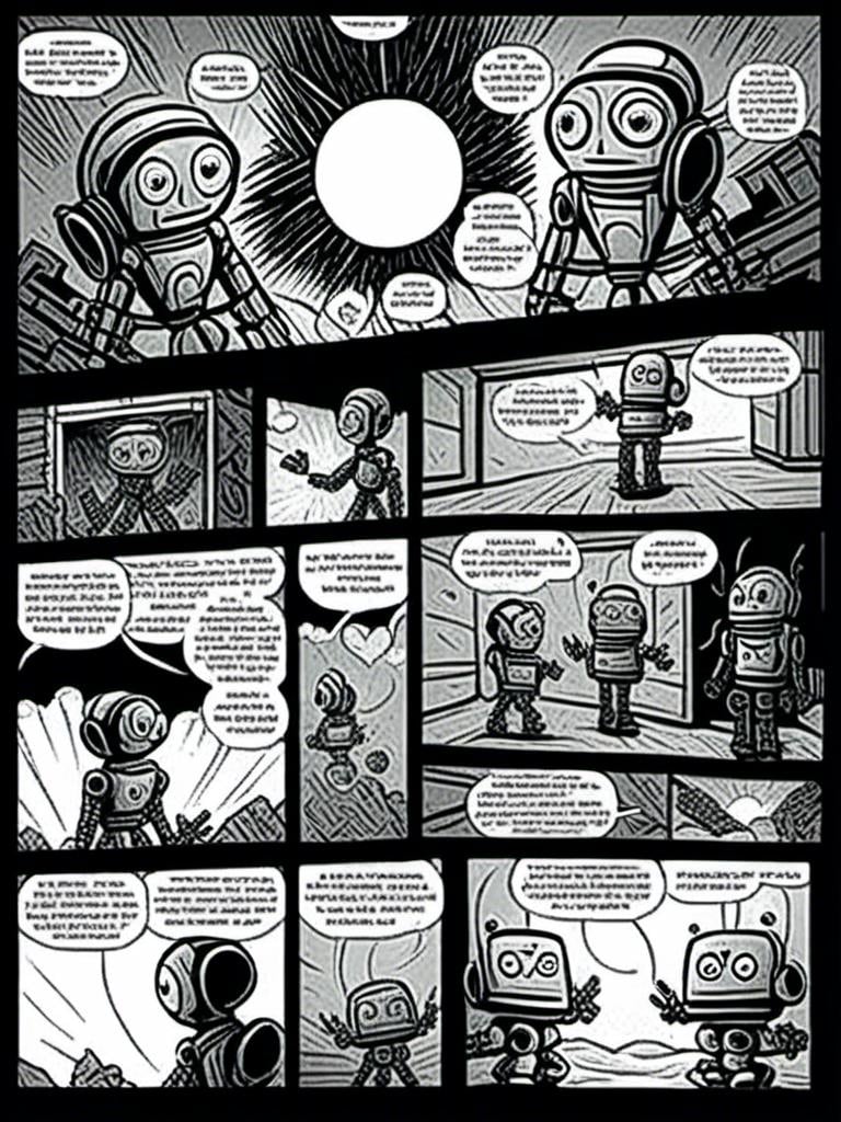 Prompt: <mymodel>love robot stortelling of  panels of comic for manga, double page, surreal atmosphere, symbolic representation, high contrast, deep shadows, monochromatic, digital rendering, high quality, minimalist, conceptual art, graffiti style, abstract, surreal, symbolic, atmospheric lighting, comic édition. full strory comic love robot stortelling 