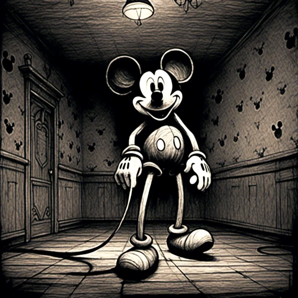 Prompt: <mymodel>Creepy, unsettling illustration of Mickey Mouse, dark and eerie ambiance, eerie details, high quality, detailed shadows, horror, sinister, disturbing, eerie lighting, surreal, unsettling atmosphere, dark tones, menacing, suspenseful, detailed, haunting, ominous