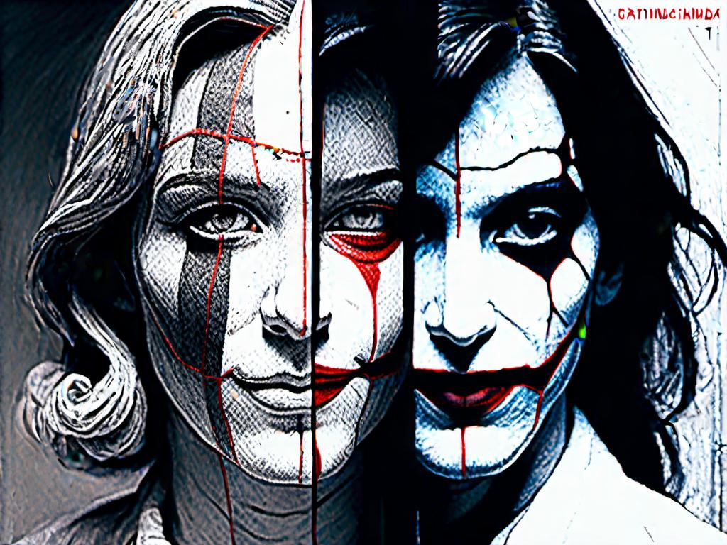 Prompt: <mymodel> split face half screen Jesus other half joker, contrast of light and dark, good and evil, kind and cruel, ultra realistic, detailed facial features, intense expression, high contrast, realistic, dark and light tones, dramatic lighting, split personality