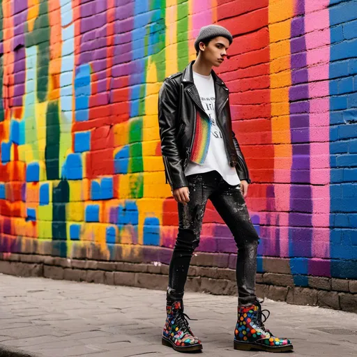 Prompt: 
Pointillism (ultra-detailed dots)
BLACK AND WHITE colors (MUTED)
SHADOWS High-resolution
Professional light
youngS punks, clad in ripped IMPRIMED leather jackets, tartan JEANS, and Doc Martens boots, stand with a rebellious air in front of a painted brick wall. The wall explodes with a riot of rainbow colors, adorned with graffiti that declares messages of defiance and social change. Imagine the scene rendered in the detailed, pointillism style. creating a scene that pulsates with electrifying energy. Each individual punk's expression is captured with precise detail, their gazes focused and intense, reflecting the rebellious spirit of both London and Amsterdam's punk scene 1975. The lighting is professional, highlighting the unique details of their clothing and the weathered texture of the brick wall.

<mymodel>