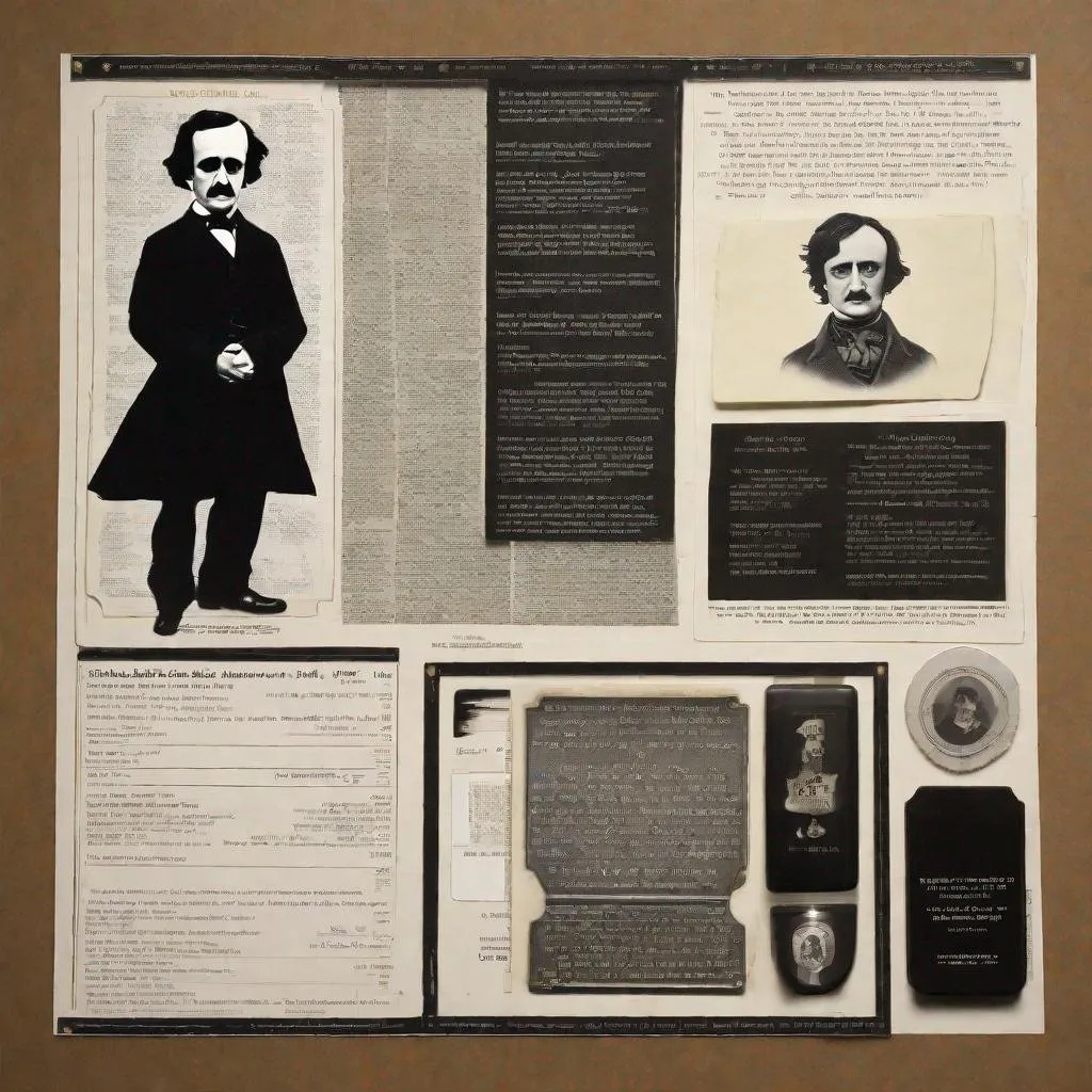 Prompt: a menber card with a photo "Edgar Allan Poe" , and a description of the parts of a man, Chip Zdarsky, nuclear art, criterion collection, a poster<mymodel>