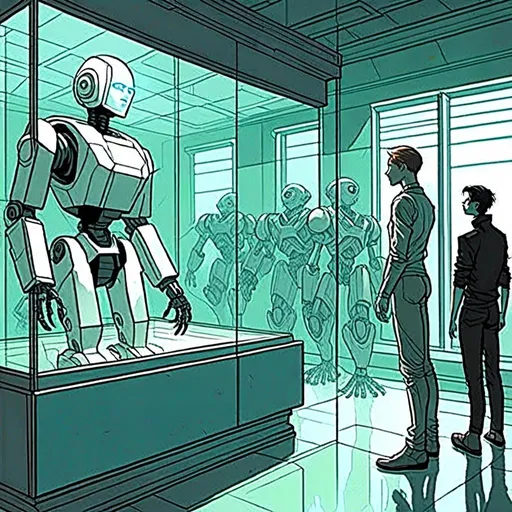 Prompt: <mymodel>storyscript, storytelling, comic of a robot standing next to a machine in a glass case with a man inside of it, Artgerm, panfuturism, ex machina, concept art