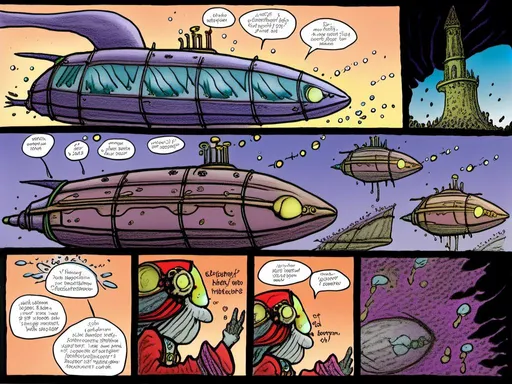 Prompt: <mymodel>steampunk comic featuring the Nemo submarine, detailed inked panels, special edition storytelling, high-quality, professional, sci-fi, futuristic, intense action, vivid colors, dynamic composition, atmospheric lighting, detailed, panels, professional inking